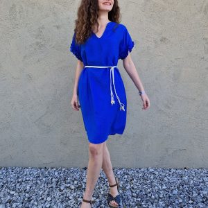 LAHKA POLETNA OBLEKA Z VOLANČI NA ROKAVU KRALJEVO MODRE BARVE - slika 2